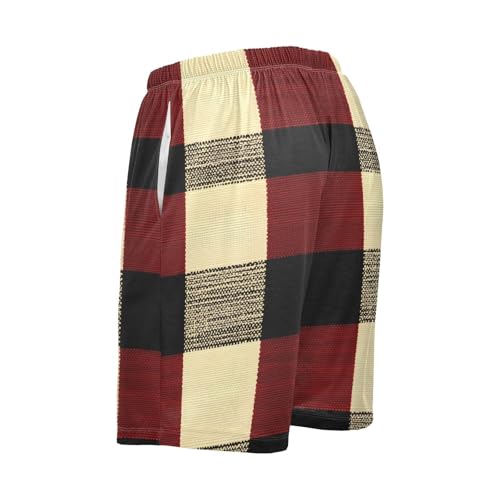 Men's Pajama Shorts, Black Red Buffalo Check Pattern Sleep Pants for Men, Sleepwear Pajama Bottoms Lounge3