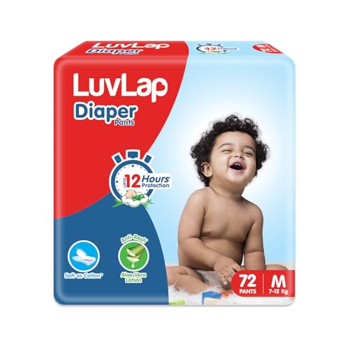 LuvLap Baby Diaper Pants M Size (Medium), with Aloe Vera Lotion for rash protection, Pack of 72 Count, with upto 12Hr protection For babies of 7 to 12Kg LuvLap Baby Diaper Pants M Size (Medium), with Aloe Vera Lotion for rash protection, Pack of 72 Count, with upto 12Hr protection For babies of 7 to 12Kg