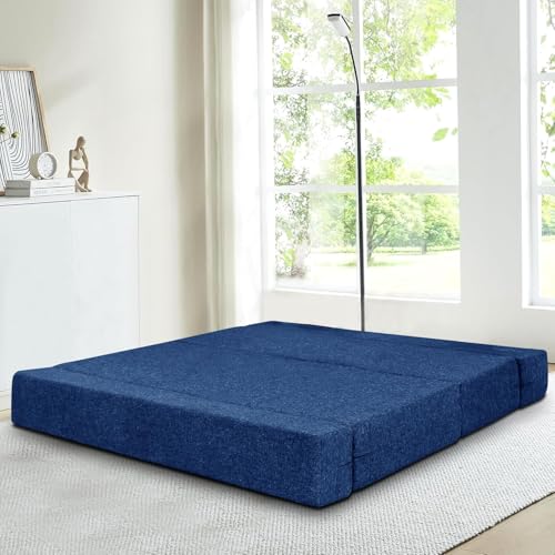 Image of Rosebell Three Seater Sofa Cum Bed | Jute Fabric Washable Cover | with Cushion Perfect for Guest | Blue-Color | 6' X 6' Feet