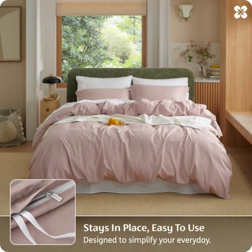 Image of Bedsure 100% Washed Cotton Duvet Cover Full Size - Petal Pink Minimalist Bedding Set Linen Like - PureWoven Plain Simple & Soft Comforter Cover for All Seasons (Petal Pink, Full, 80 inchx90 inch)