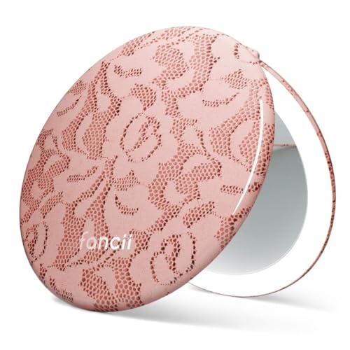 Image of Fancii Taylor LED Lighted Travel Makeup Mirror, Rechargeable, 10x /1x Magnifying, Tru-Glow Lighting System, XL Large 5 inch Wide | Compact Mirror for Purses (Mocha Lace)