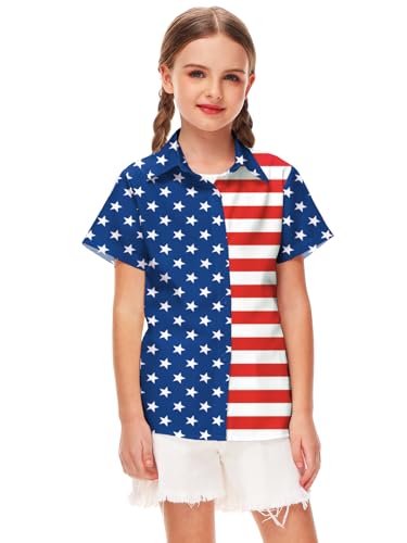 Image of Remimi Unisex Kids 4th of July Button Up Shirt Boys American Flag Print Hawaiian Beach Short Sleeve Tops 5-14 Years