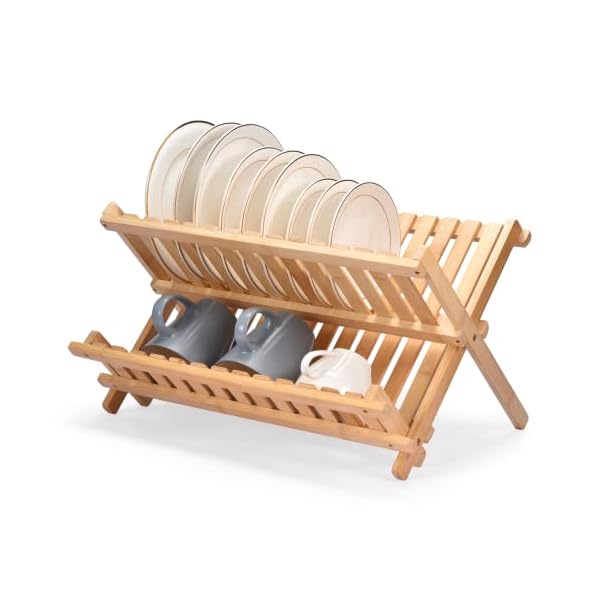 Vdomus Bamboo Dish Drying Rack - Foldable Dish Rack for Kitchen - Collapsible & Compact Wooden Plate Holder - Eco-Friendly & Functional Wood Dryer Rack for Plates - Space-Saving Storage Organizer