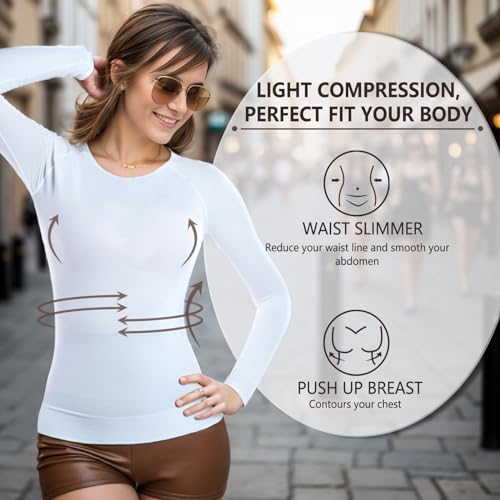 +MD Womens Long Sleeve Undershirts Tops, Bamboo Round Neck Slim Fit Baselayer, Soft Thermal Underwear, Light Compression3