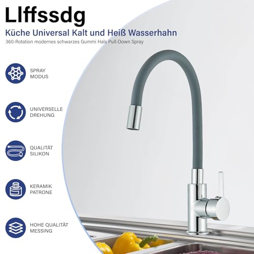 Llffssdg Küchenarmatur mit flexiblem Silikonschlauch Wasserhahn Küche, Armatur Küche - 360° drehbarer Hochdruck-Wasserhahn in Grau