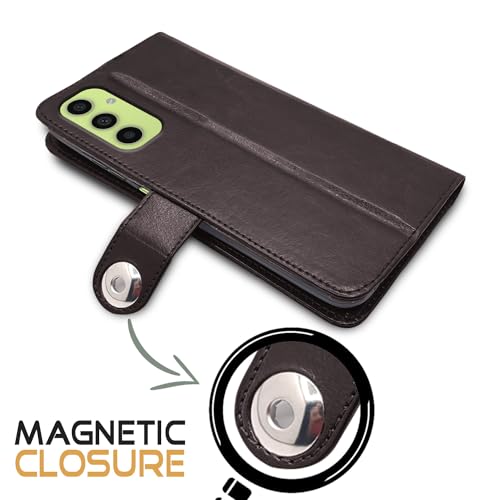 Image of Pikkme Samsung Galaxy A05s Flip Cover Leather Finish | Inside TPU with Card Pockets | Wallet Stand and Shock Proof | Complete Protection Button Flip Case (Coffee)