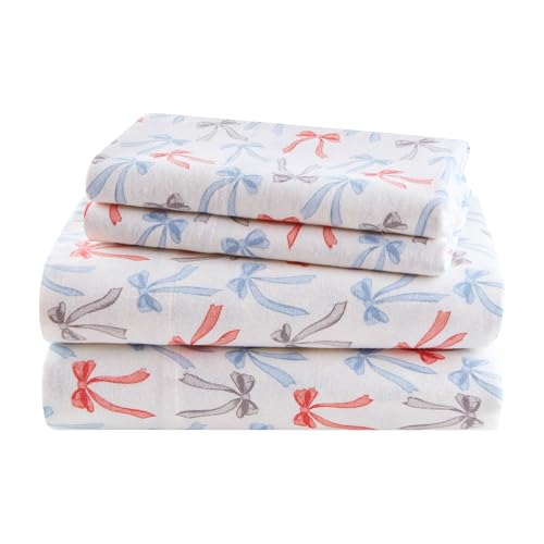 Image of Intelligent Design Flannel Sheets Twin, Cozy Soft 100% Cotton Flannel Bedding, Printed Warm Twin Sheets Set, Ultra Soft Cold Weather Bed Sheet Set, Happy Bows, 3 Piece