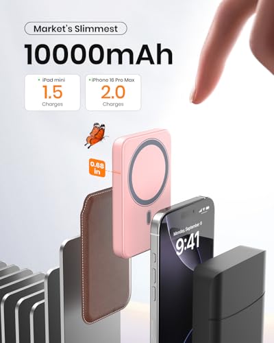 A ADDTOP Magnetic Power Bank 10000mAh- 20W Schnelllade iPhone Ladegerät for Magnetisch, UltraSlim Wireless Portable Charger with USB-C In&Out, LED Display Akku-Pack für iPhone 17/16/15/14/13/12 Rosa 5