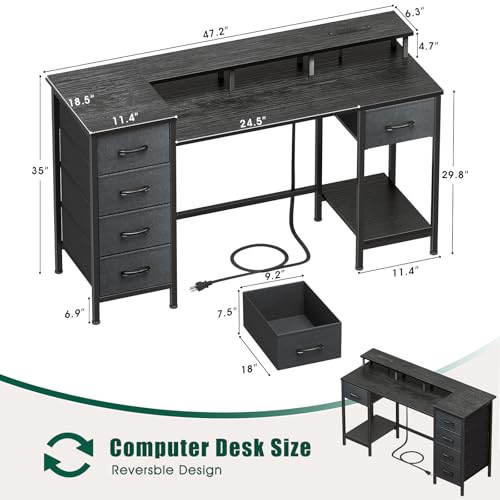 47 Inch Computer Gaming Desk with Power Outlets & LED Lights Reversible Home Office Desk with Adjustable 5 Fabric Storage Drawers for Working Writing Study Black - Image 4