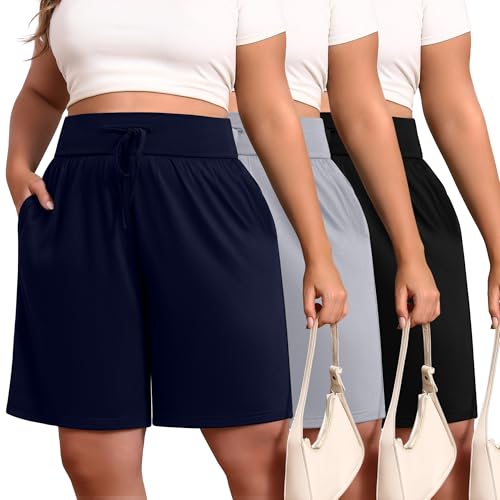 Neer 3 Pack Plus Size Women's Bermuda Shorts Cotton Drawstring High Waist Casual Athletic Sweatpants with Pockets XL-5XL