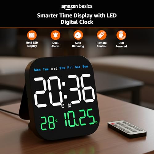 Image of Amazon Basics LED Digital Clock with Remote, 12 /24 Hr Format,Black Color, ABS, Dual Alarm, Auto Dimming Display, Temperature Display, USB Powered with 2M Cable, Wall /Table Use (Size: 185 x 28 x 185 mm)