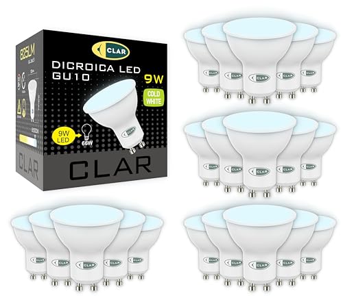 CLAR   Bombilla LED GU10, Ojos de Buey, Luz Fría, Halógena, 9W (Pack 20)