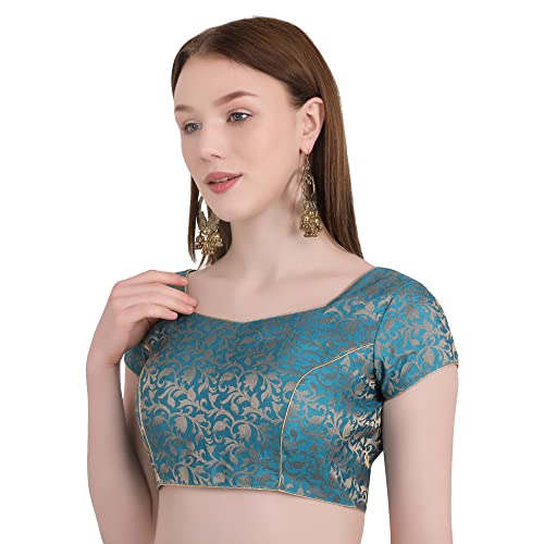 Image of Women's Short Sleeve Brocade (Chanderi) Readymade Stitched Saree Blouse Ready to Wear Half Sleeves Ladies Blouse