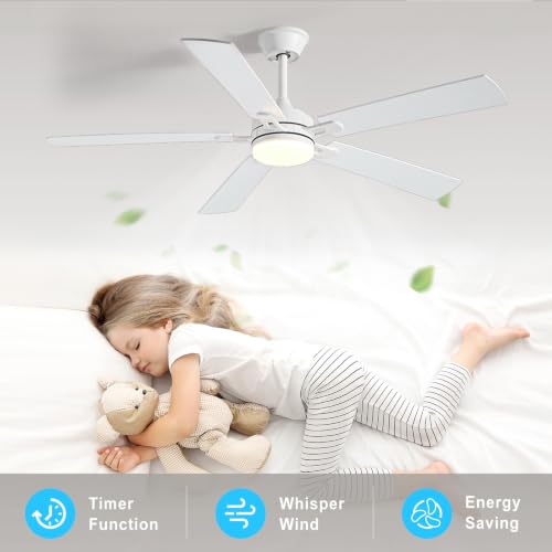 Image of Depuley 60-inch Ceiling Fan with Light: White Ceiling Fan for Living Room Indoor - Modern Ceiling Fan with Remote Control 3CCT Dimmable Noiseless 5 Reversible Wood Blades 6 Speeds Timer
