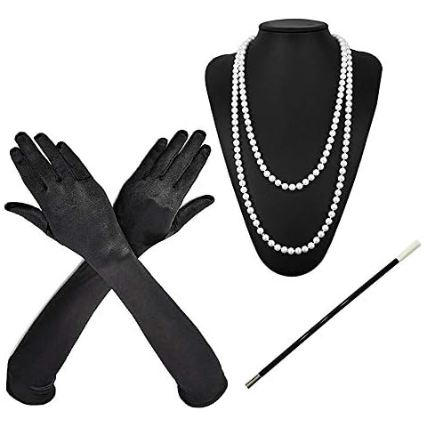 Daimay 1920s Damen Gatsby Kostüm Accessoires 20er Jahre Flapper Kostüm 3 Stck Perlenkette Satin Handschuhe Zigarettenspitze Cover