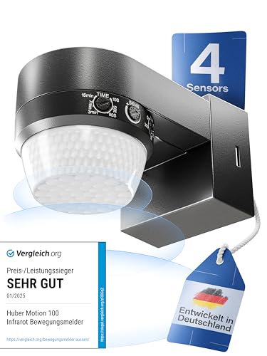 Huber Motion 100 Détecteur de mouvement infrarouge 360° avec 4 capteurs et lentille Fresnel - IP65, LED, protection anti-pénétration et limitation de zone,...