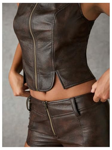 Floerns Women's Sleeveless Zip Up Vest Jacket Split Hem Western Crop Coat Outerwear4