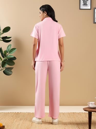 Image of Kvetoo Women Solid Tracksuit Set Cotton Lounge Wear Set Half Sleeve Polo T-Shirt & Straight Pant Casual Travel Outfit