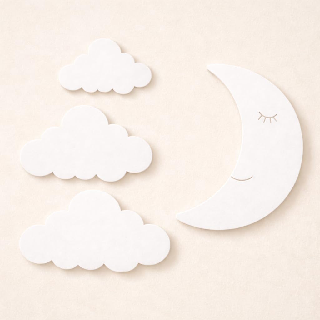 Moon & Cloud Wall Decor Set (4 Pcs) for Kids Room | Nursery Decoration Items | Baby Room Hanging Wall Decor | Wooden DIY Cutouts for Bedroom & Baby Shower (White)
