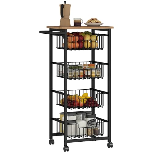 HOMCOM Carro de cocina con 4 cestas extraíbles, carro de cocina que ahorra espacio con ruedas con freno y asa de acero, carro de almacenamiento con estante, para salón baño salón, roble