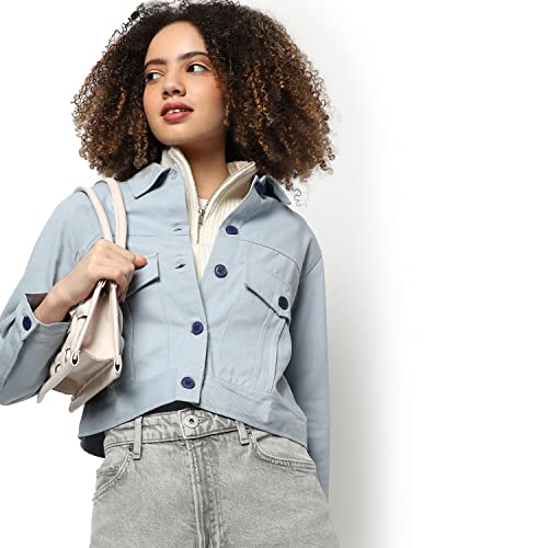 Image of Campus Sutra Women Blue Regular Fit Denim Jacket For Winter Wear | Collared Neck | Full Sleeve | Buttoned | Casual Jacket For Woman & Girl | Western Stylish Jacket For Women