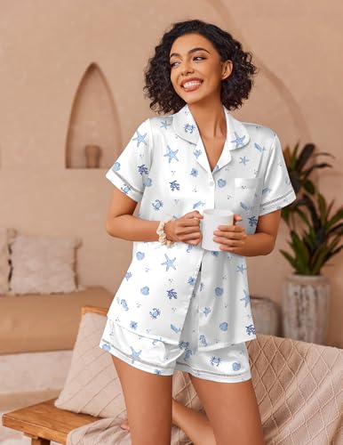Image of Ekouaer Womens Silk Pajama Sets Button Up Satin Pjs Short Sleeve 2 Piece Pj Sets Cute Lounge Sets with Chest Pocket
