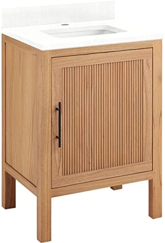 Signature Hardware 481730 Ayanna 24" Free Standing Single Vanity Set with Mindi Wood Cabinet, Vanity Top and Rectangular Undermount Vitreous China Sink - Single Faucet Hole - Natural Mindi/Feathered