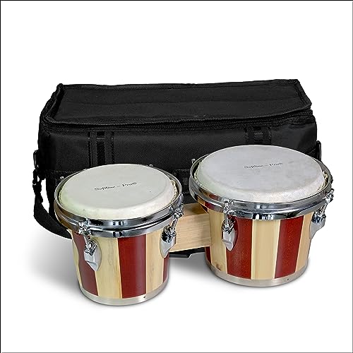Image of Softline Pro Bongo Drum Set with Tuning Wrench & Padded Professional Wooden Percussion Instrument for Beginner Adults Kids - Natural Skin (Red Stripe - Premium)