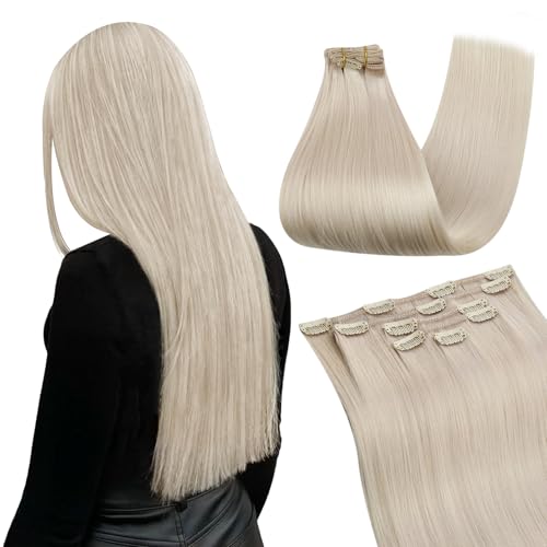 Image of Ugeat Clip in Human Hair Extensions Platinum Blonde 12 Inch 5pcs 85g | Human Hair Extensions Clip ins , Real Hair Clip in Extensions Platinum Blonde , Short Length