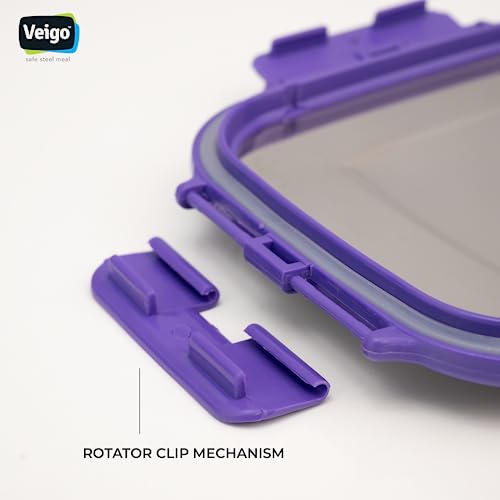 Image of Veigo Original Set Pack of 3 Stainless Steel Airtight & Leakproof Medium Lunch Box with Silicon Ring & Polymer Frame for Re-Heating|Safe Lid Lock|Square (330ML) Violet Purple