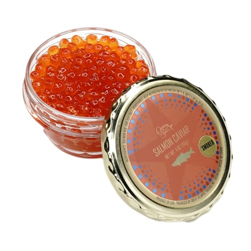 Cold-Smoked Salmon Caviar (Ikura) – Grade #1 Salmon Roe, Oak Bourbon Barrel Smoked, Large Firm Pearls, Gourmet Seafood Topping, 4 Oz Glass Jar