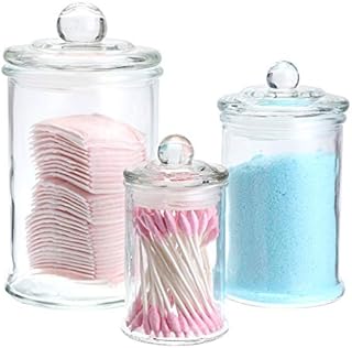 MDLUU Glass Canisters, Apothecary Jar with Airtight Lid, Bathroom Vanity Organizer for Cotton Balls, Qtip Cotton Swabs, Cotton Rounds, Flossers, Bath Salt, Pack of 3