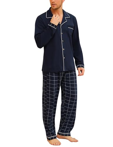 Bresdk Pijama Hombre Invierno Algodon Ropa de Dormir con Botones Pijamas Largos Manga Larga Dos Piezas, Azul Marino, XL