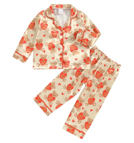 Qiylii Valentine's Loved Bear Silk Pajamas Toddler Baby Girl Button-Up Pajamas 2-Piece Satin Pjs Sleepover Nightgown (3T Bear)