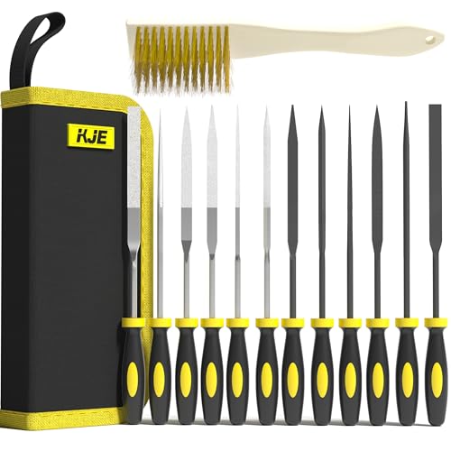 KJE 13PCS Needle File Set, Small File Set Includes 6PCS Diamond File, 6PCS Metal File, Cleaning Brush & Carrying Case for Precision Metal, Jewlers, Wood, Leather and Plastic