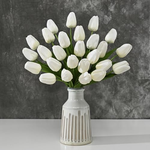 Yastouay 12-Pack White Tulips Artificial Flowers Real Touch Latex Faux Tulips with Large Full Buds Lifelike Vibrant Fake Tulips Bouquet for Spring Wedding Home Dcor Table & Party Centerpiece