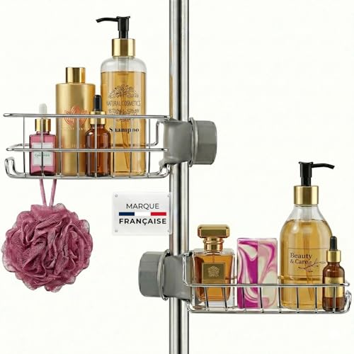 2 Etageres Douche sans Percage | Etagère Salle de Bain en Inox | Réglage Universel pour Colonnes de Douches | Installation Rapide et Facile | Porte Savon Shampoing |...