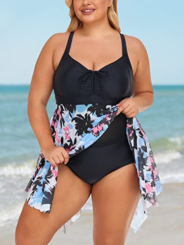 Miyang Women's Plus Size One Piece Swim Dress With Briefs Swimsuits Mesh Bathing Suit Flowy Cross Back Swimwear Rosy Bloom Size 16 #TOP1