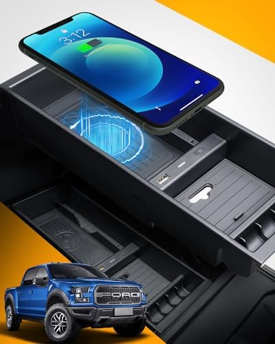 CarQiWireless Wireless Charger for F150 2009-2023 2024, Center Console Organizer Box for Ford F150 Accessories F-150 2009 2010 2011 2012 2013 2014 2015 2016 2017 2018 2019 2020 2021 2022 2023 2024