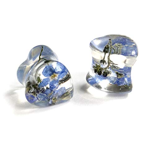 Eternity31 Blue Flower Plug Forget me not Earrings Resin Heart Ear Plugs Wedding gauges Jewelry (16mm / 5/8" / Pair)