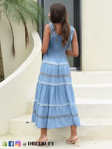 DREFBUFY Women's Maxi Dress Sleeveless Denim Long Summer A-line Casual Blue Cotton Boho Flowy Sundresses for Women4
