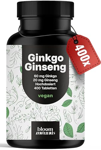 Ginkgo + Ginseng Tabletten Hochdosiert - 400 Tabletten - 60 mg Ginkgo Biloba + 20 mg Ginseng - Leicht schluckbare Alternative zu Kapseln - Vegan & Produziert in Deutschland - Laborgeprüft