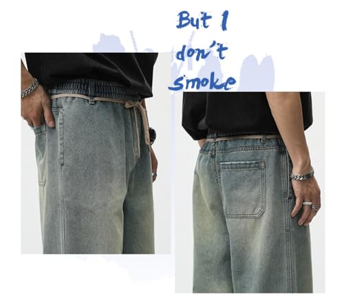 Jeans Pants Trousers Denim Washed Retro Blue High Street Style Drawstring Loose and Versatile Straight Leg4