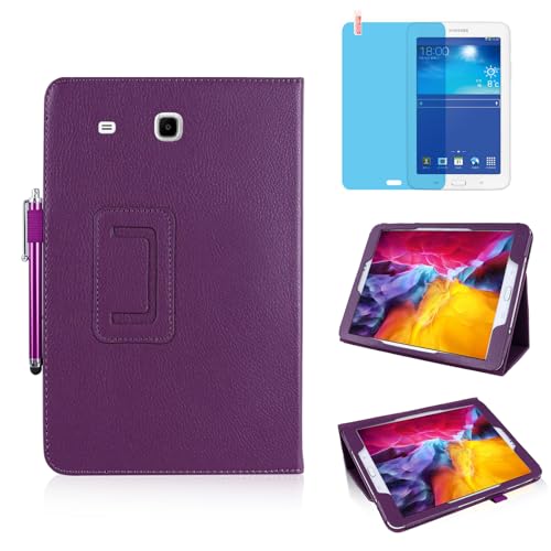 Slim Leather Case for Samsung Galaxy Tab 3 Lite 7.0 Inch 2014 (SM-T110 T111 T113 T116), Multi-Angle Stand Full-Protective Tablet Cover Book Case with Stylus Pen,Screen Film (Purple)