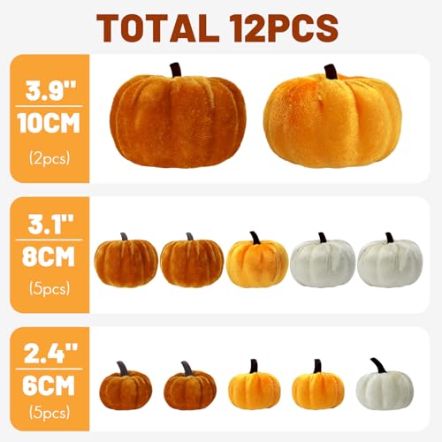 12 Assorted Velvet Pumpkins for Decorating, Fall & Thanksgiving Decor