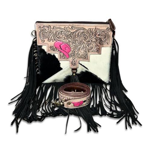 Western Cowgirl Handbag, Cowhide Crossbody Poker Shoulder Bag Purse with Fringes Tooled Leather Brown Messenger Purse