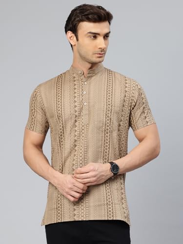 Image of Majestic Man Men Slim Fit Ethnic Motifs Cotton Printed Half Sleeve Short Kurta