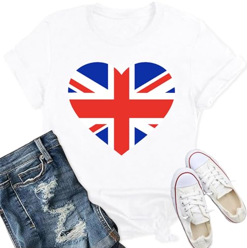 Qskall Womens Union Jack T Shirt British Flag Themed Shirts Heart Print Tee Tops White