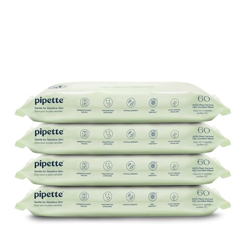 Pipette Water-Based Baby Wipes 240 Count (Pack of 4) FragranceFree & Gentle Made with 100% PlantDerived Fibers SqualaneInfused for Soft Moisturized Skin