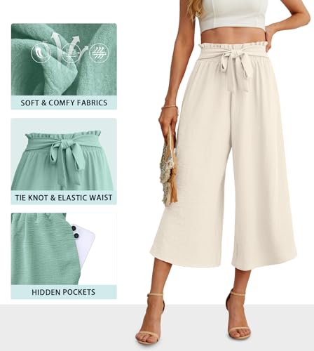 Image of IWOLLENCE Women Flowy Loose Wide Leg Pant Summer Beach Casual Trousers high Waist Adjustable Knot Business Work Casual Pants